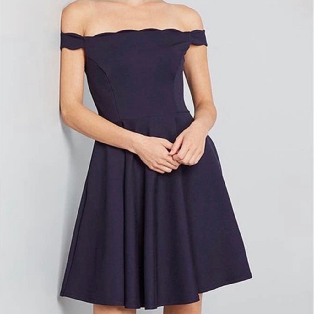 ModCloth size 1X Off the Shoulder Scallop detail Dress Navy Pockets